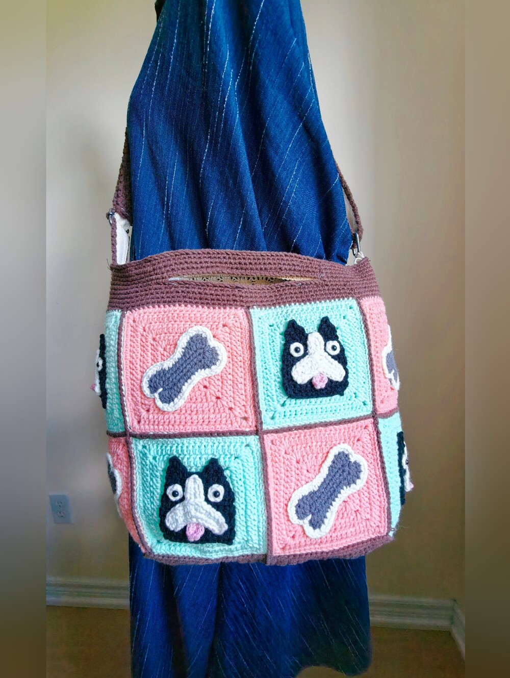 Handmade Crochet Dog & Bone Patchwork Shoulder Bag for Dog lover